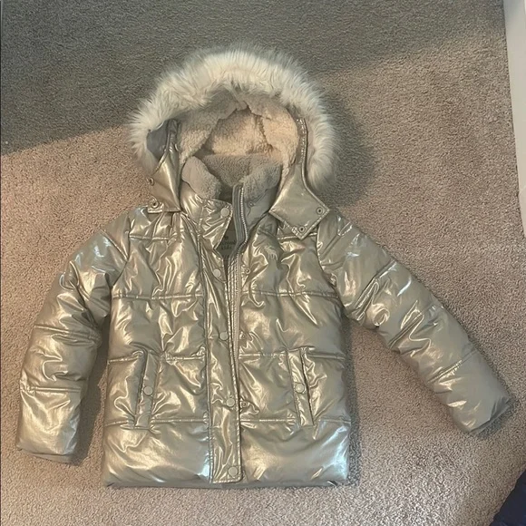 Kids Silver Puffer Jacket with Faux Fur Hood - Picture 1 of 8